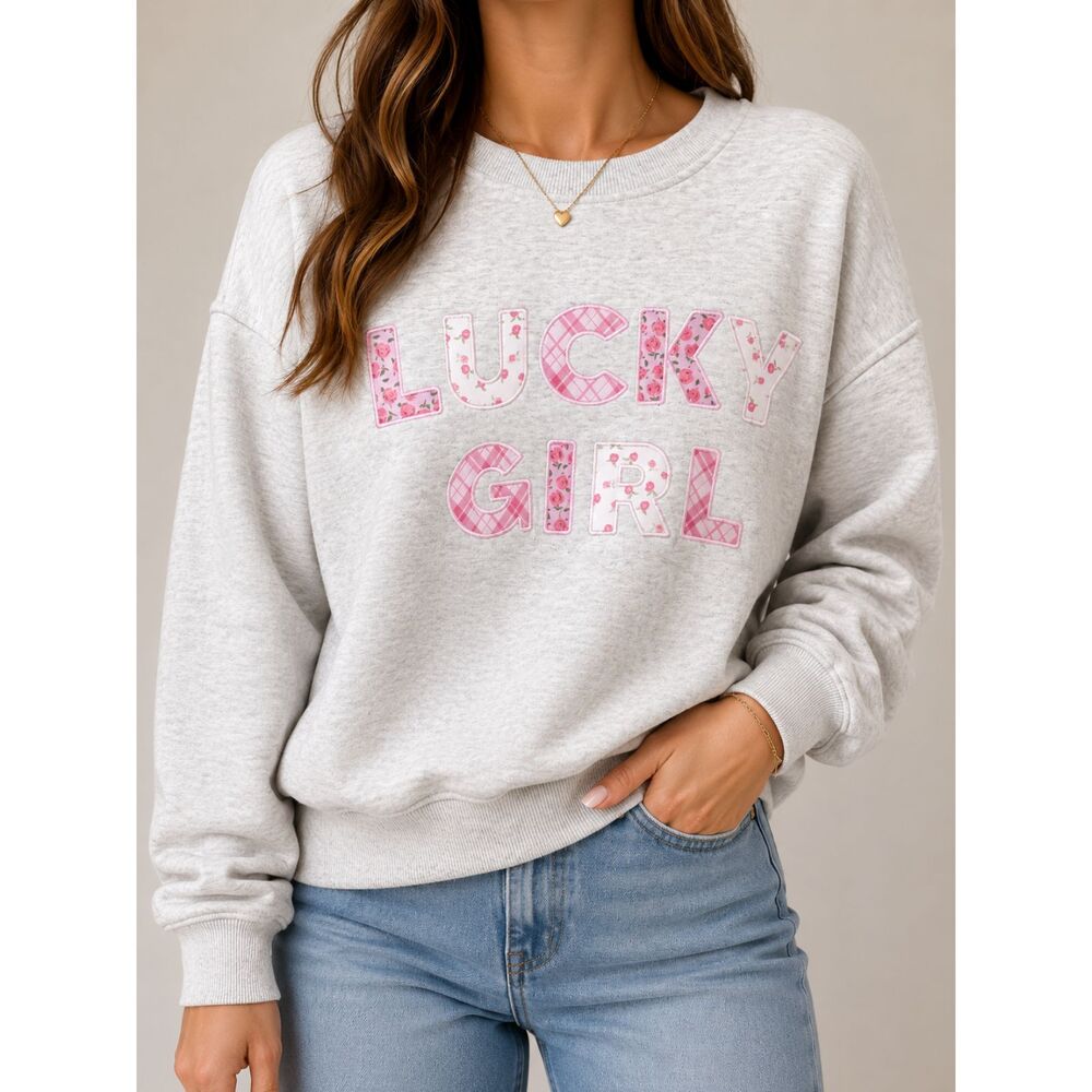 LE LIS‎ Lucky Girl Sweatshirt Medium Pink Patch Graphic Cozy Oversized Crewneck